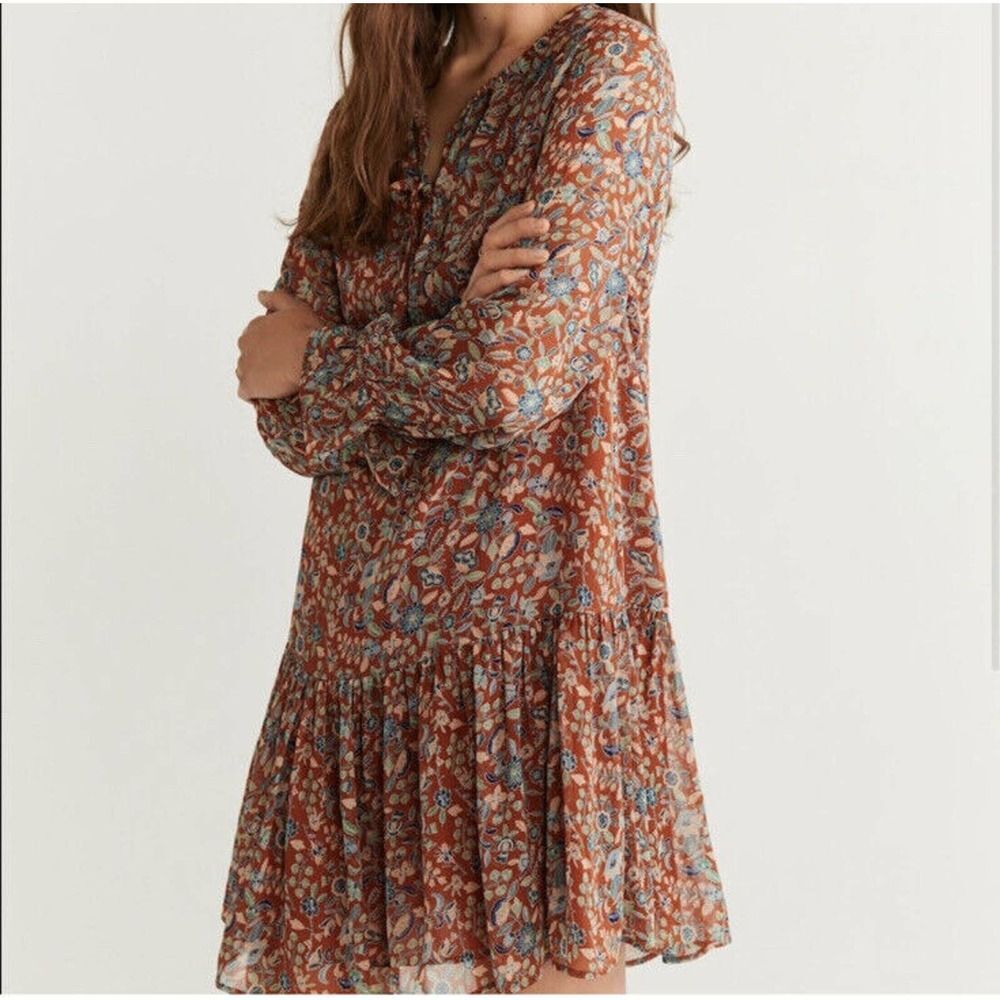 mng by mango dress Orange/tan Flowy, Perfect For fall, Long Sleeve, Sz XS (2)